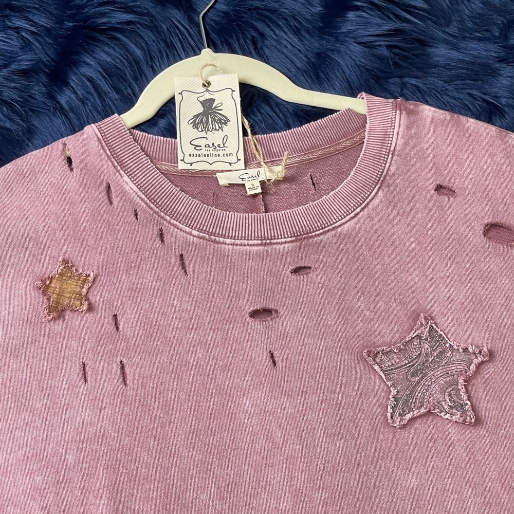 Easel Patchwork Mineral Wash Lightweight Knit Top - Picture 3 of 16